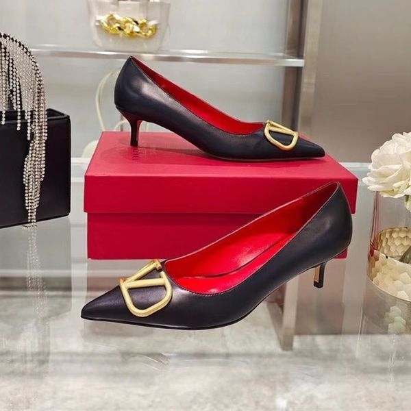 

designer sandals women high heels sandal classics metal v-buckle pointed toe thin heel 4cm 6cm 8cm 10cm summer genuine leather woman wedding, Black