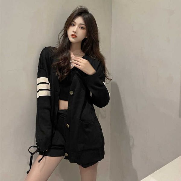 

new stripe outside wear style versatile loose v-neck sweater personalized street cardigan knitted coat women, Black;brown