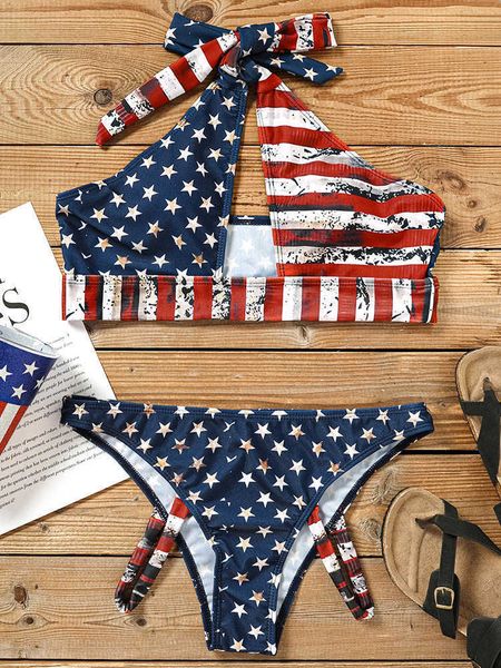 

designer swimwear fashion american flag cut out halter bikini set women summer swimwear 2pcs backless style ins ladies beachwear chic low wa, White;black