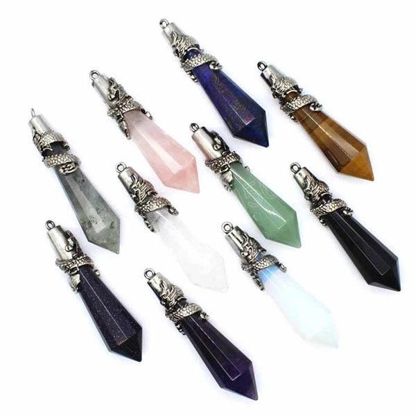 

amulet dragon natural stone crystal pendant for women men multifaceted healing point labradorite lapis amethysts pendulum energy, Bronze;silver