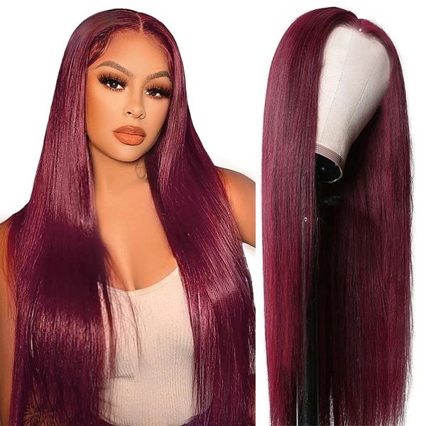 

hd transparent colored 13x6 frontal wig 4x4 lace closure wig burgundy straight 13x4 lace front human hair wigs for women, Black;brown