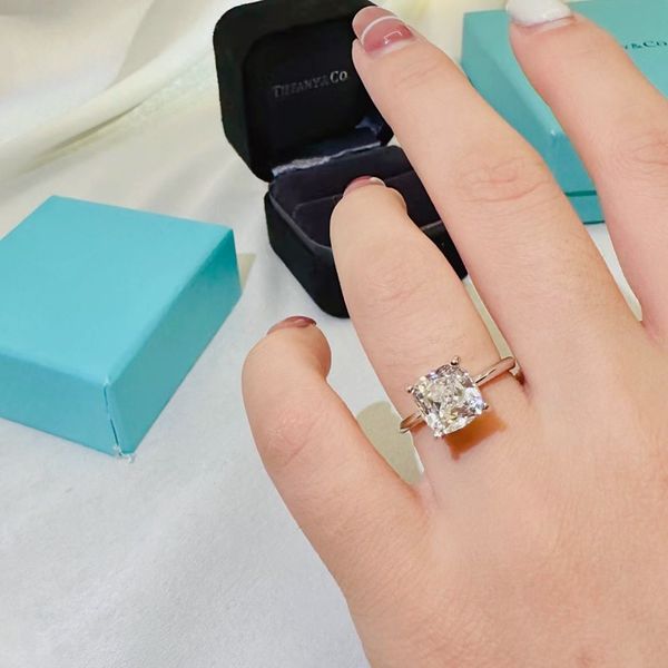 

7a women's wedding diamond ring fashion designer two carat square diamond ring girl love gift 925 sterling silver jewelry with box, Slivery;golden