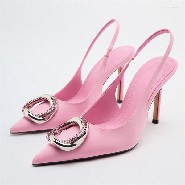 

sandals women high-heeled traf 2023 summer pink pointed golden decoration woman high-heel pumps fashion slingback mules, Black