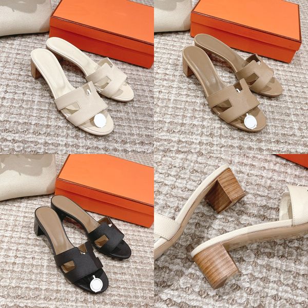 

designer sandals oasis sandal calfskin leather slide wood heel slides women slippers with box, Black