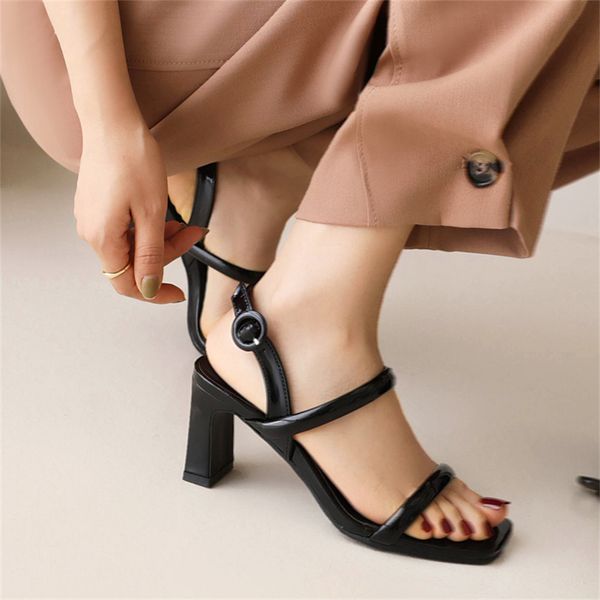 

women sandals 2023 summer open toe high heel women shoes buckle commuter office square head sandals size 46 dropshopping, Black