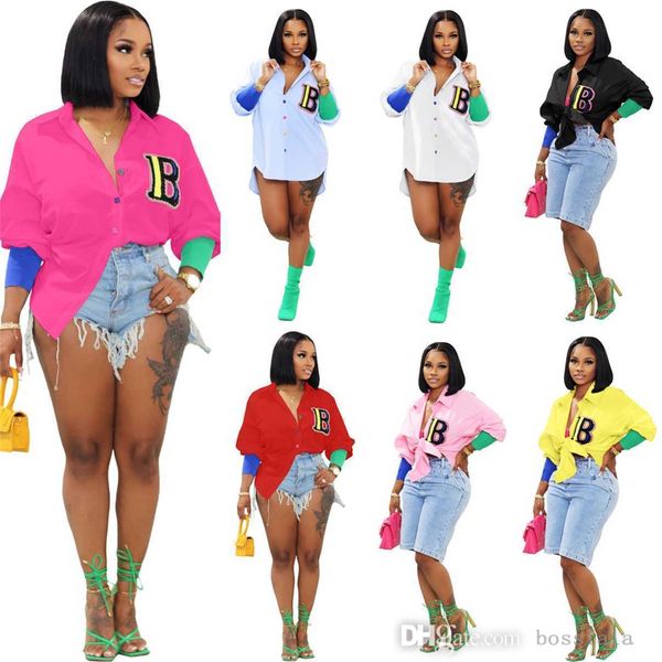 

womens letter embroidered shirt casual fashion color thread splicing colorful button cardigan blouse, White