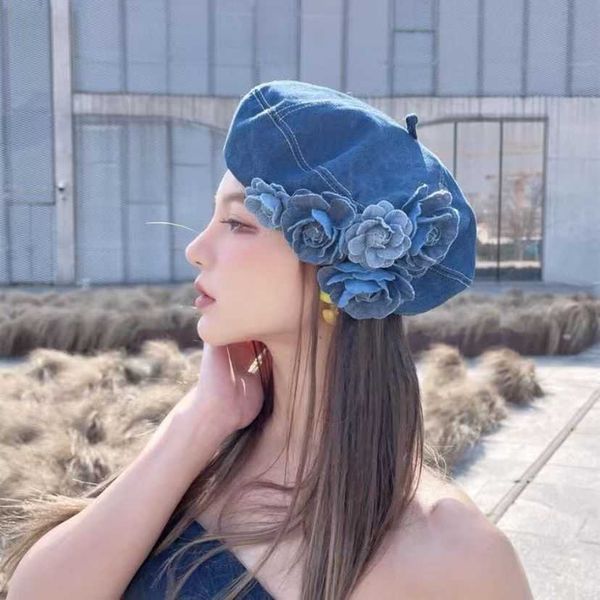 

berets spring and summer contrasting colors denim camellia trendy fluffy denim color cotton painter hat casual fashionable beret hat z0616, Blue;gray