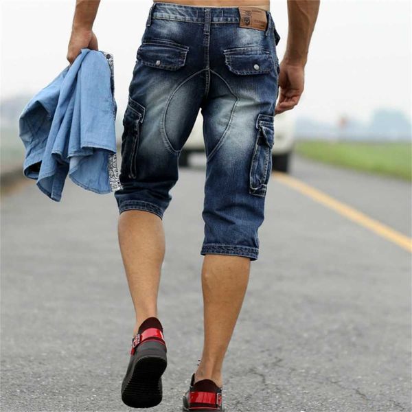 

summer mens retro cargo denim jeans shorts vintage acid washed faded multi-pockets military style biker for, Blue