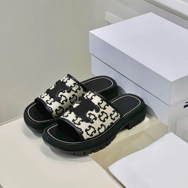 

clea padded flat slides slippers leather insole platform sandals canvas triomphe stamped open toe luxury designer for women holiday flats sa, Black