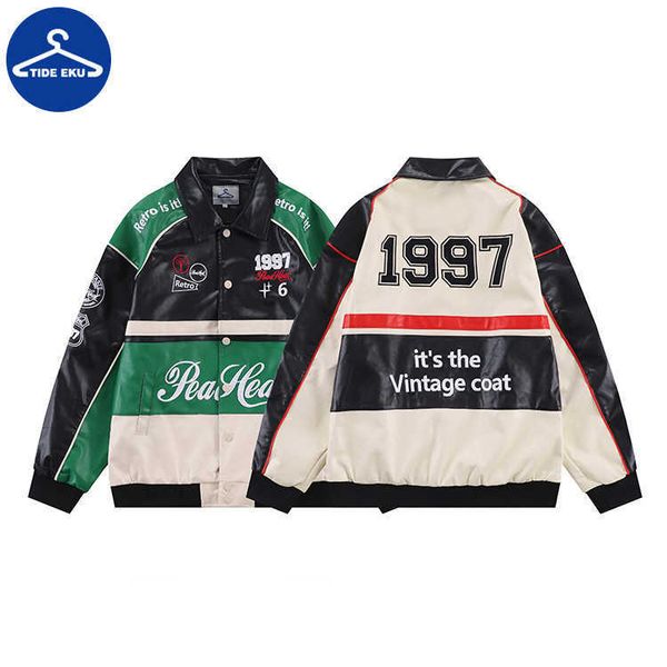 

tideeku motorcycle jacket men's jacket men's fashion men's splicing fashion brand american men's baseball uniform, Black;brown