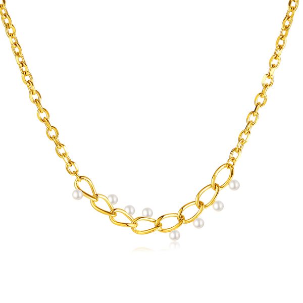 

girls women necklace choker stainless steel link chain with pearl jewelry 15inch+6cm gold plated n2239, Silver