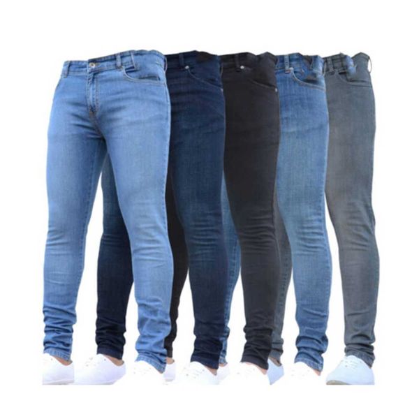 

fashion slim solid color washed jeans mens streetwear zipper long pencil pants male trousers, Blue