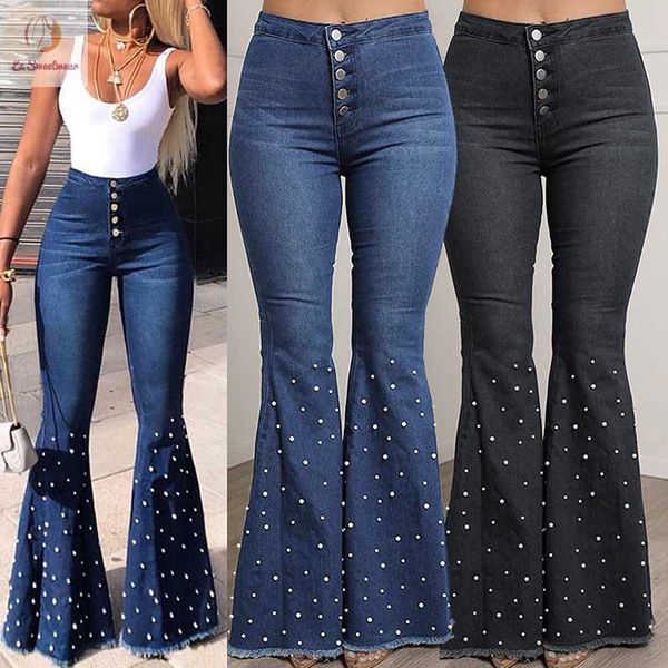 

fashion new women's leisure beaded bell bottoms high waist elastic, Blue