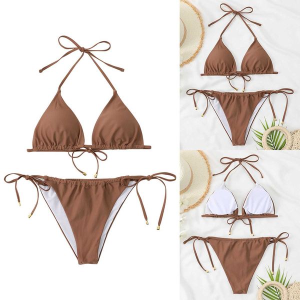 

designer swimwear fashion 2023 new brown color belt chest pad no steel support fashion solid swimsuit sports split swimsuit hawaii female ba, White;black