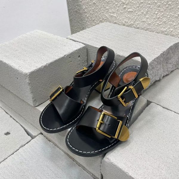 

fashionable metal buckle leather thick heel sandals designer motorcycle women's sizes 35-40, Black