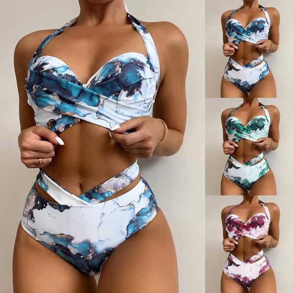 

women's swimwear bikinis swimwear women swimsuit 2023 summer two piece sets push up female halter ruched wrap front high waist bathing, White;black