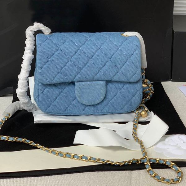 

women denim gold ball mini shoulder bag adjustable chain diamond lattice quilted sky blue crossbody luxury handbag coin purse sacoche card h