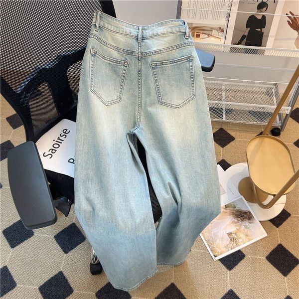 

straight denim jeans for women in spring/summer 2023, new korean version, oversized, loose and slim, with holes and wide legs. long pants tr, Blue