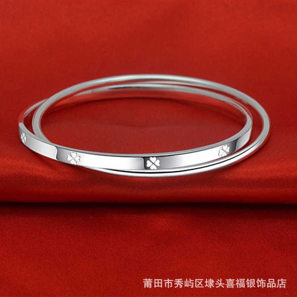 

original silver plated copper double ring clasp fashion simple net red lucky four-leaf clover bracelet multi jewelry batch, Black
