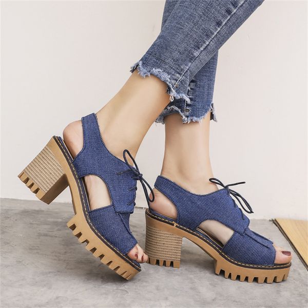 

women sandal 2023 summer denim zipper peep toe chunky heels pplus size 40-43 high heel platform elegance fish toe female shoes, Black