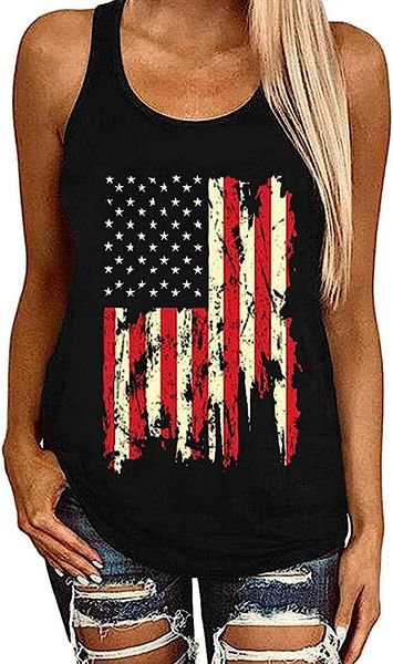 

womens american flag print tank summer sleeveless racerback graphic tees, White
