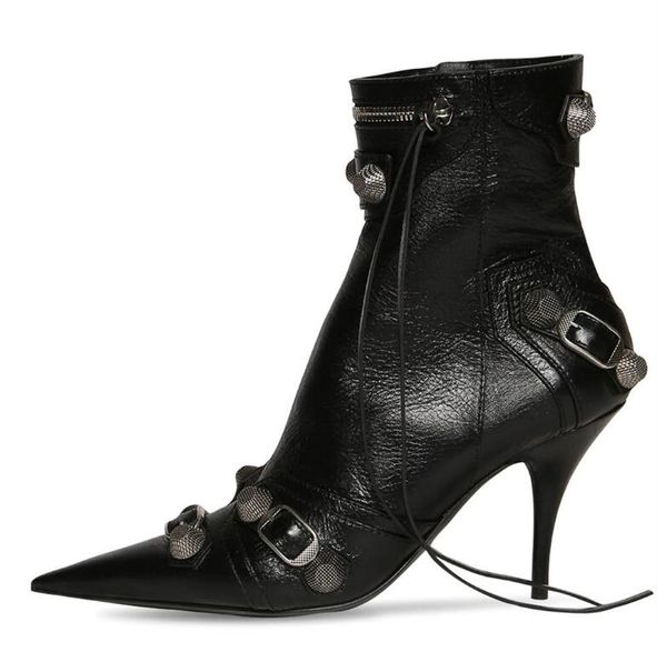 

2023 rivets ankle boots for women thin high heeled pointed toe zipper boot lady shoes big size 35-42, Black