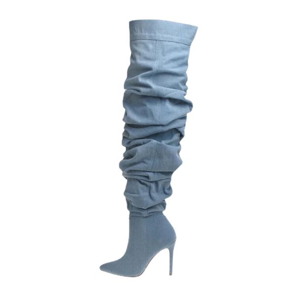 

new pleated over the knee boots spring 2023 women pointed toe high heel designer shoes street style girl long boats size 42, Black