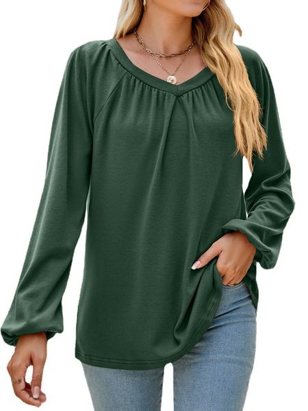 

women long sleeve solid v-neck pleated lightweight sweatshirt, White