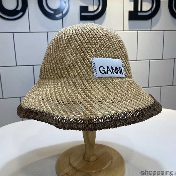 

wide brim hats ganni hand-woven cotton thread spring and summer plain color season fisherman's hat sunscreen dust cap hollowed out brea, Blue;gray
