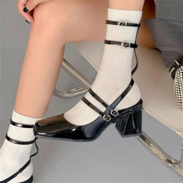 

women shoes 2023 square toe pumps gladiator ankle strap buckle high heels plus size 40-43 elegance ladies back empty single shoe, Black
