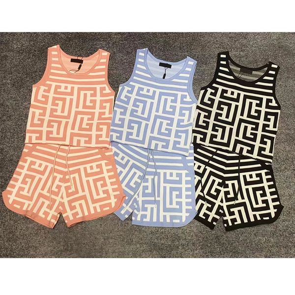 

2023 knitting crop and shorts plaid casual o-neck sleeveless tank & track drawstring shorts two pieces set high stretch summer, White