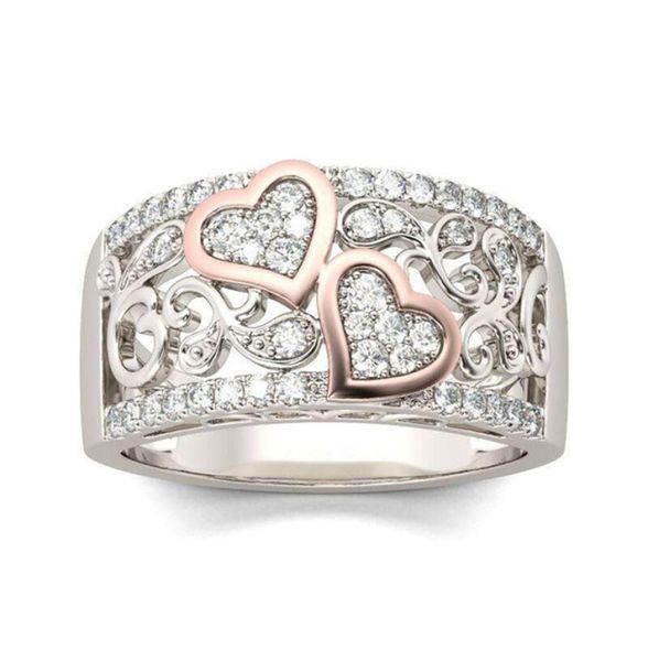 

romantic rose gold color double heart rings for women fashion full zircon wedding band finger rings charming women party jewelry1547465, Silver