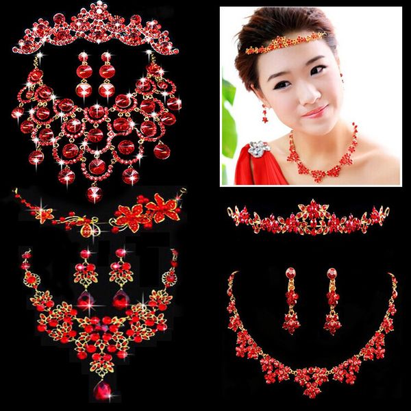 

red rhinestoneearrings two piece set alloy rhinestone gem necklace bridal necklace earring set chain xl-0008-d, White