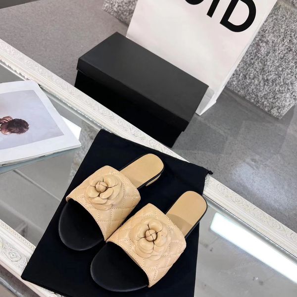 

genuine leather flower slippers women's outer wear 2023 summer new round toe flat flip flops comfortable flat heel beach sandals, Black