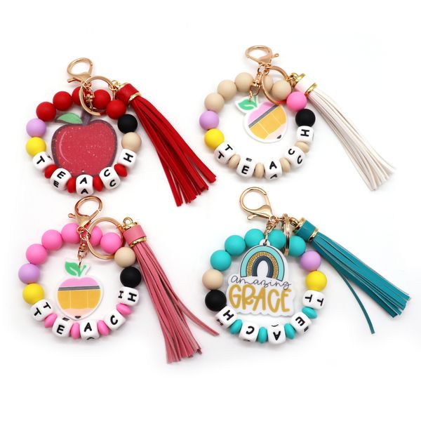 

teacher's day gift acrylic apple charm pendant silicone letter beaded wristlet teacher keychain, Silver