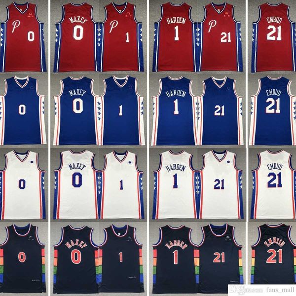 

2022-23 new city basketball 1 james 21 joel harden embiid jersey stitched 0 tyrese maxey jerseys mens blue white red, Black;red