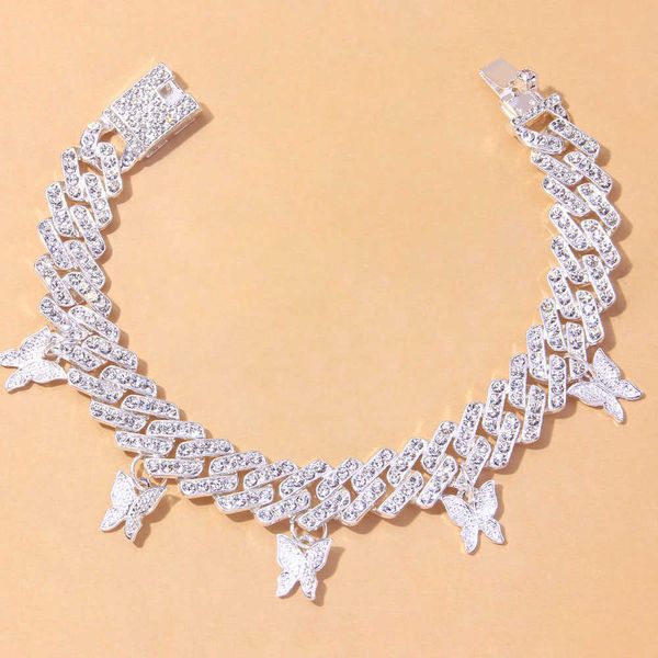 

anklets iced out fashion punk cuban link butterfly pendant anklet chain crystal summer new miami men womens hip hop foot jewelry 230608, Red;blue