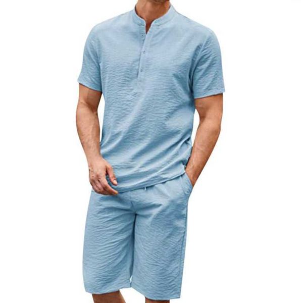 

men's tracksuits men hawaiian sets beach 2023 summer short sleeve button stand collar shirt board shorts 2 pieces streetwear cotton lin, Gray