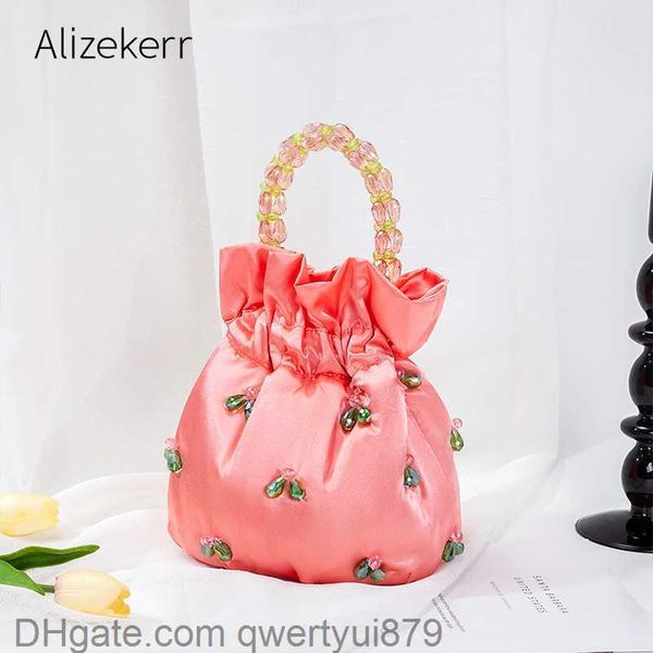 

evening bags beads handle satin hobo bags women 2021 new korean chic cute handmade handle beading bucket purse and handbag bridal wedding qw