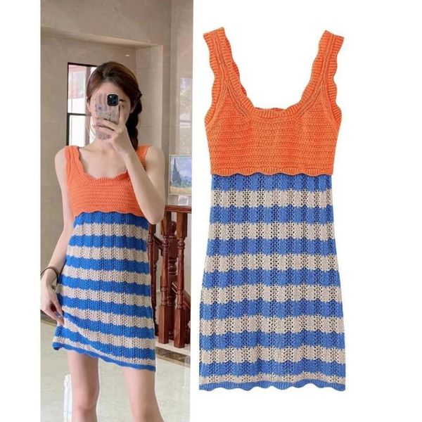 

stripe patchwork knitted strap mini dress women sleeveless vintage pullover slim summer fashion party club, Black