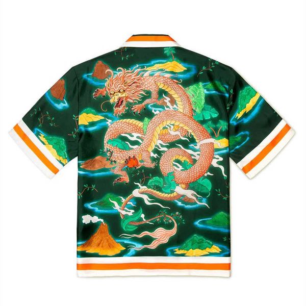

men's casual shirts new style green casablanca shirt men women hawaii beach print with dragon silk shirts hippie clothes, White;black