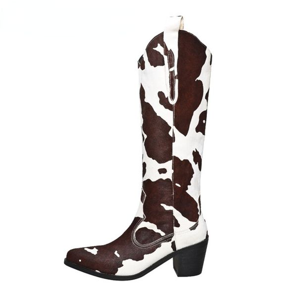 

2022 brand new cowboy boots women fashion retro chunky heels winter boots designer shoes cow pattern classic boats big size 43, Black