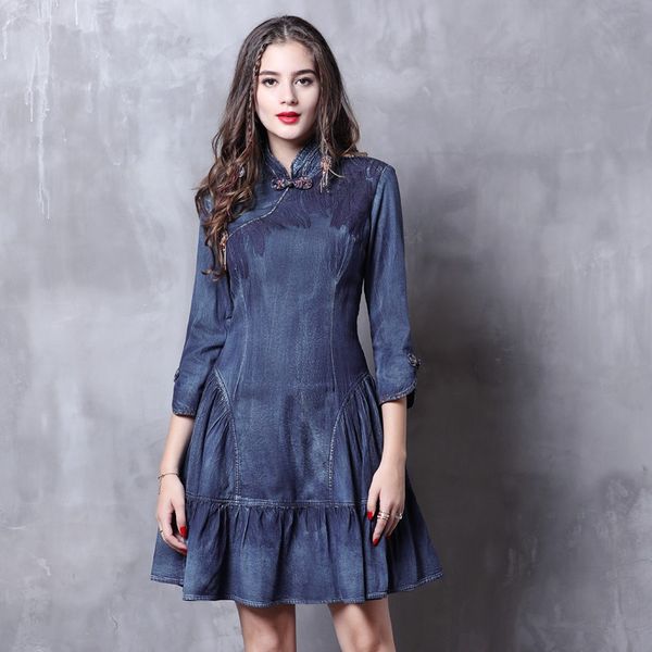 

2023 spring new vintage embroidered cheongsam denim skirt: lotus edge slim dress with disc buckle, perfect for casual occasions, Black;gray