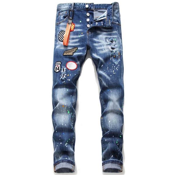 

black jeans for mens straight elastic embroidery fashion trousers streetwear style wtih broken hole mens clothing size to 38 luxury pant, Blue