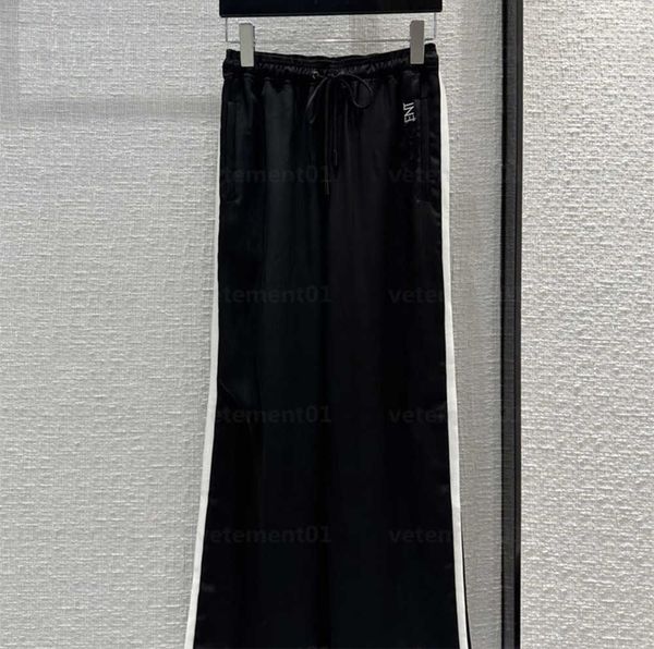 

summer designers pants womens open-front embroidered pant acetate fabric with adjustable lacing color-blocking side stripes with snap button, Black;white