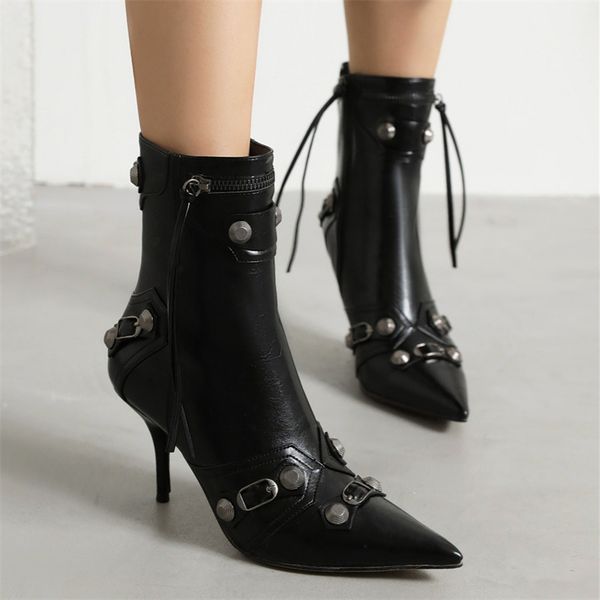 

women ankle boots winter2023 designer luxury thin high heel pointy women shoes 40-43 elegant rivet low barrel lady boots, Black