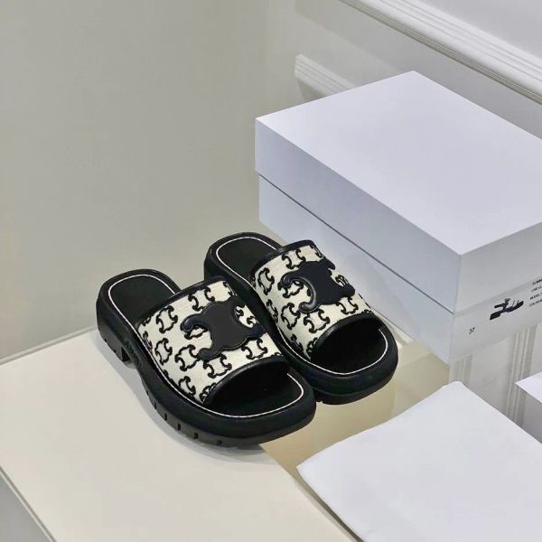 

622sslippers clea padded flat slides slippers leather insole platform sandals canvas triomphe stamped open toe luxury designer for women hol, Black