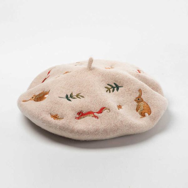 

berets korean autumn and winter new mori rabbit squirrel leaves embroidered wool beret artist hat wool hat z0616, Blue;gray