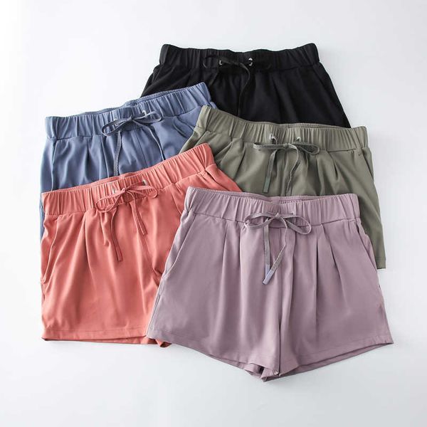 

lulu loose fit drawstringyoga sport shorts with side pockets gym wear women fitness running shorts stretch workout pants