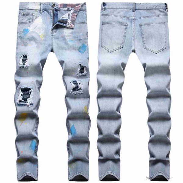 

men's jeans baby blue hole patch locomotive element pleated padding hand-painted color paint small straight jeans male